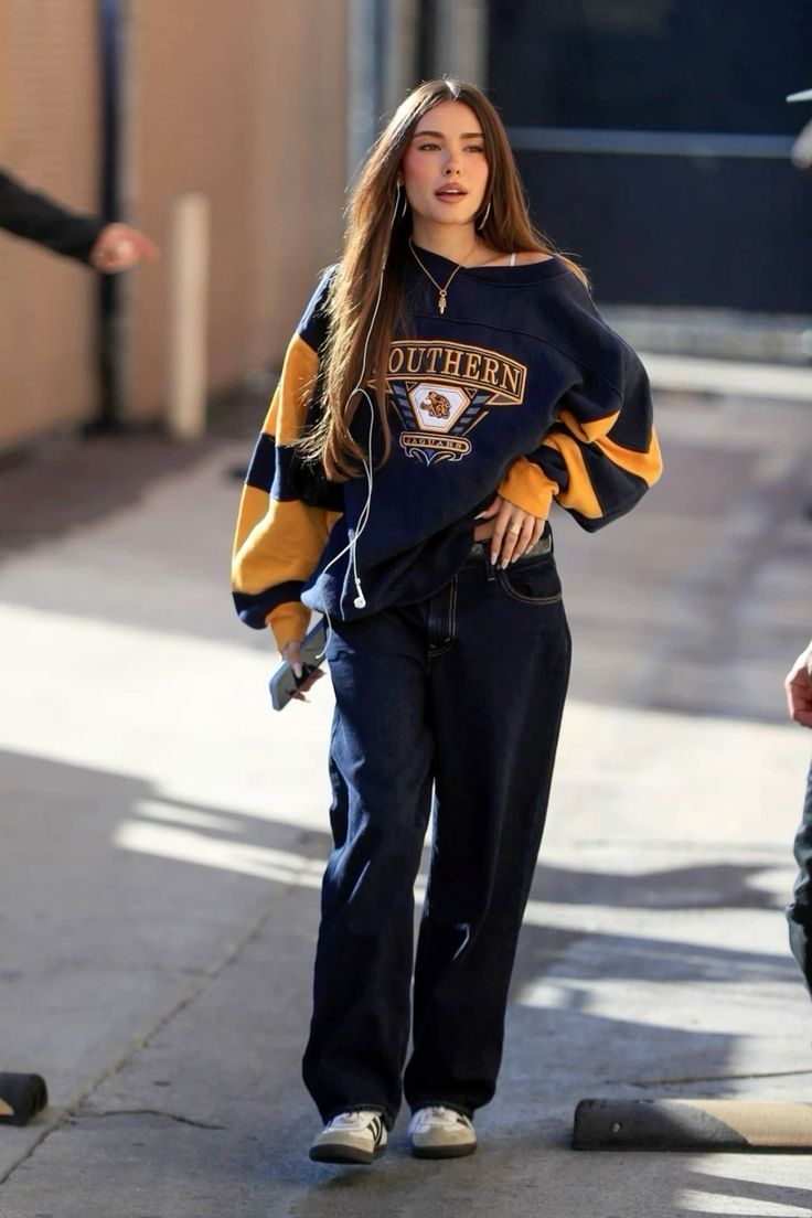 Retro Varsity Sweater and Jeans for a Hockey Game